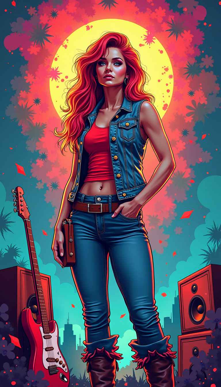 Red Skylar portrait with guitar and speakers