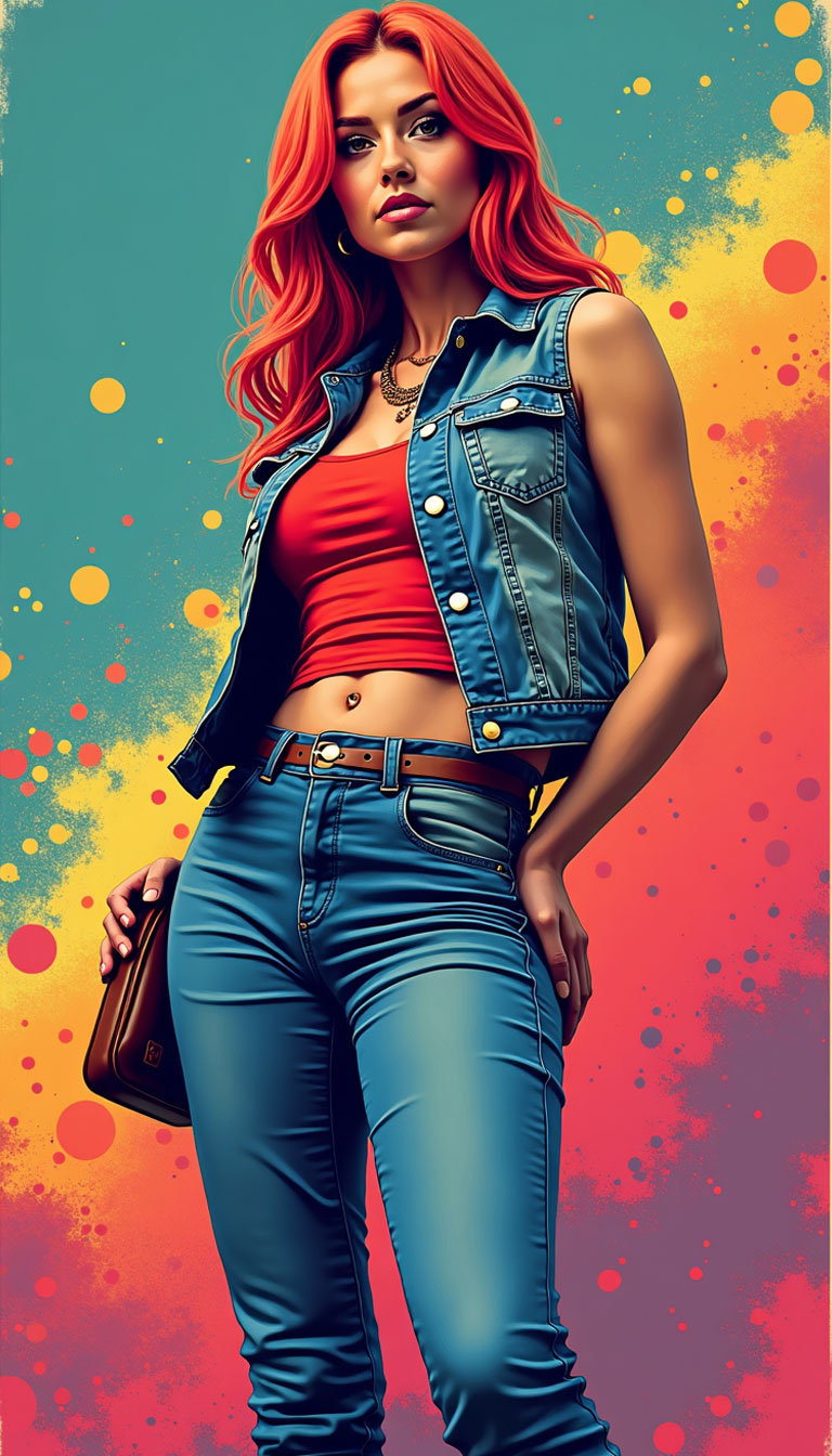 Red Skylar portrait against a colorful painted background