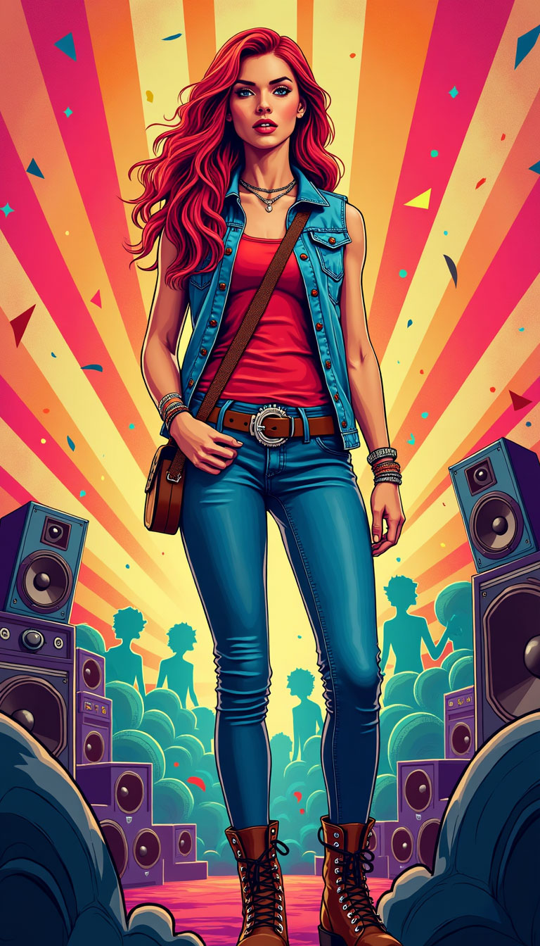 Red Skylar standing between concert speakers