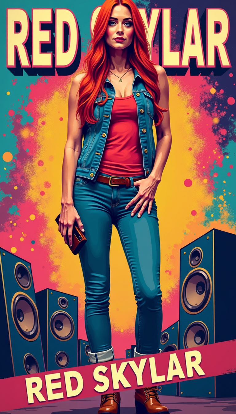 Red Skylar poster surrounded by speakers