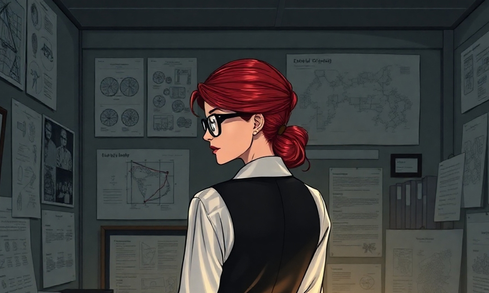 Early Mary Redmond character artwork in a research office, dated March 23, 2025.