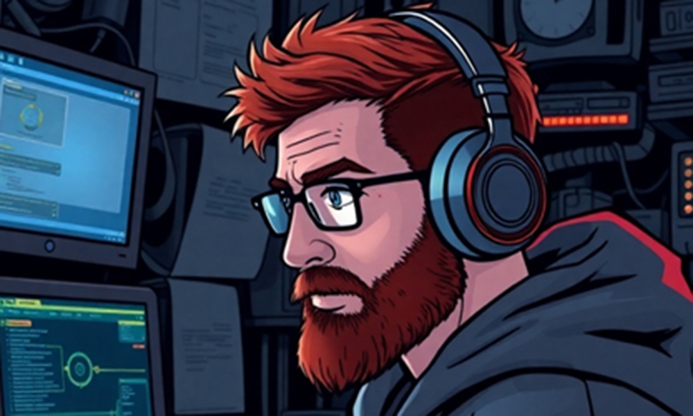 Early Eddie Schmidt character artwork at computer monitors, dated March 23, 2025.