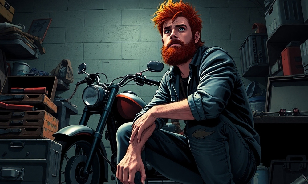 Early Charlie Schmidt character artwork beside a motorcycle, dated March 23, 2025.