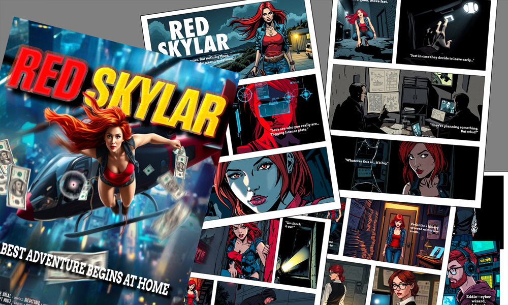 Red Skylar comic cover and page montage, dated March 25, 2025.