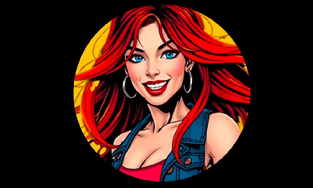 Red Skylar character portrait on a black background, dated April 30, 2025.