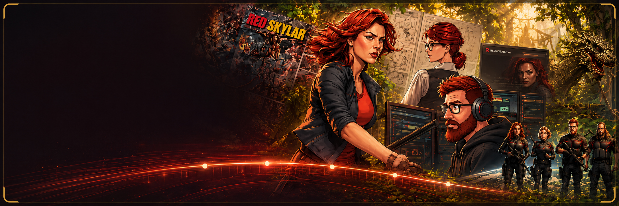 Red Skylar timeline montage featuring characters, comics, video and website imagery.